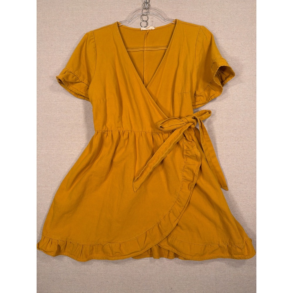 LA Hearts Mustard Yellow Cotton Ruffle Wrap Mini Dress V-Neck Short Sleeve L